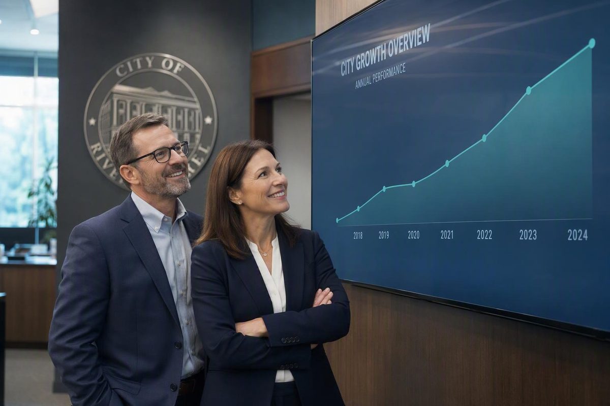 Municipal leaders reviewing a city revenue growth chart
